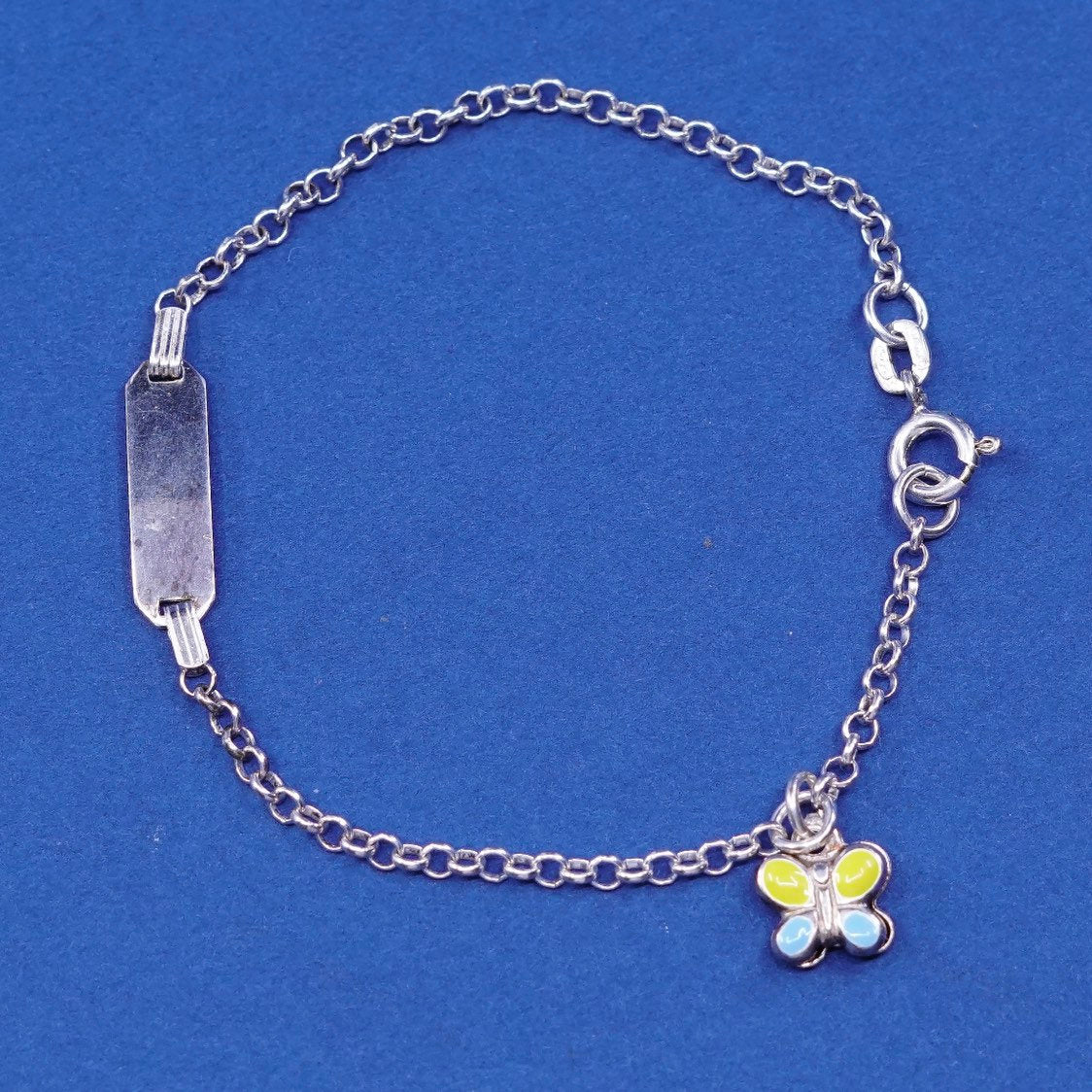 6.25", 1mm, vtg handmade Sterling silver bracelet, circle chain butterfly charm