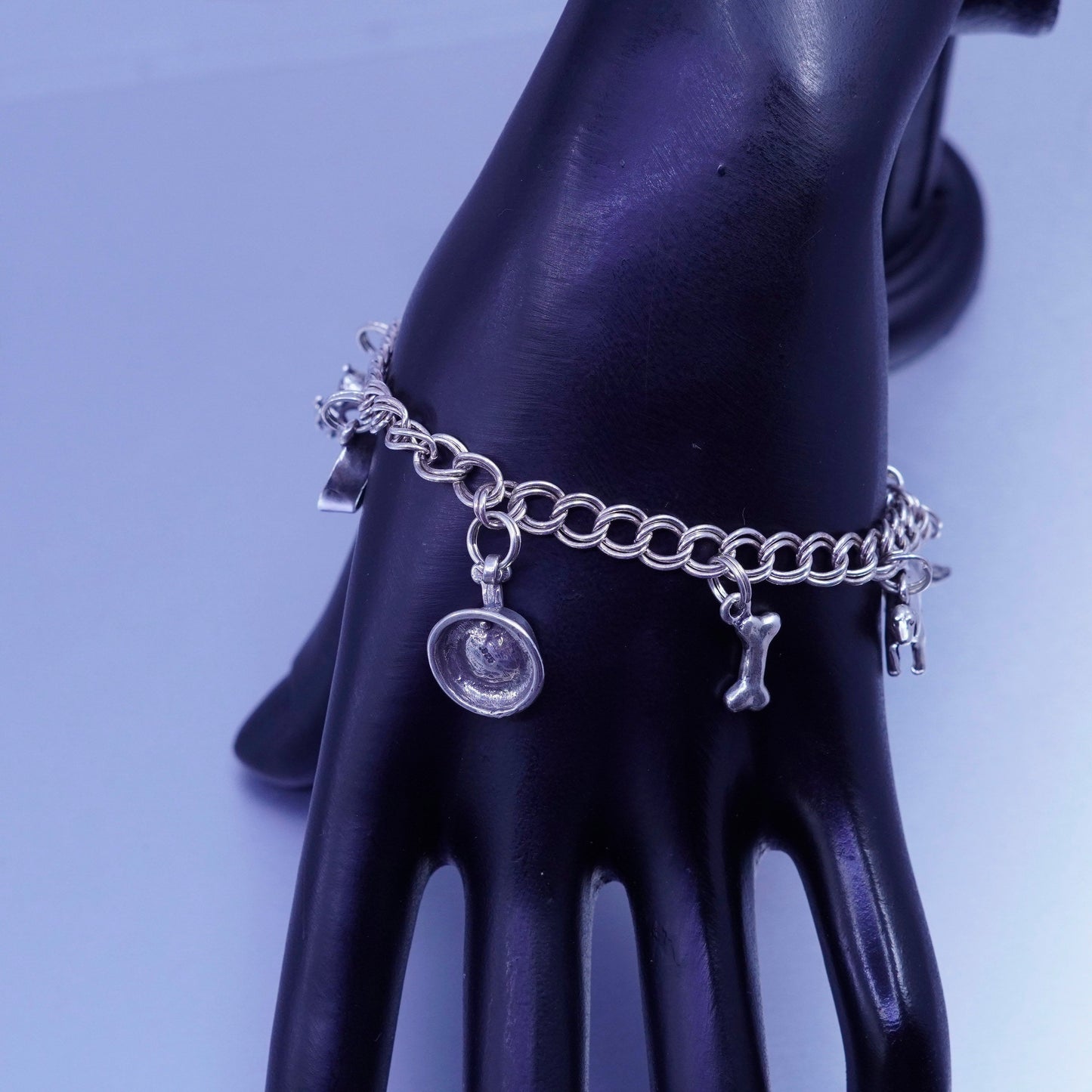7”, Italy Sterling 925 silver bracelet curb chain dog puppy kitty cat bone bowl