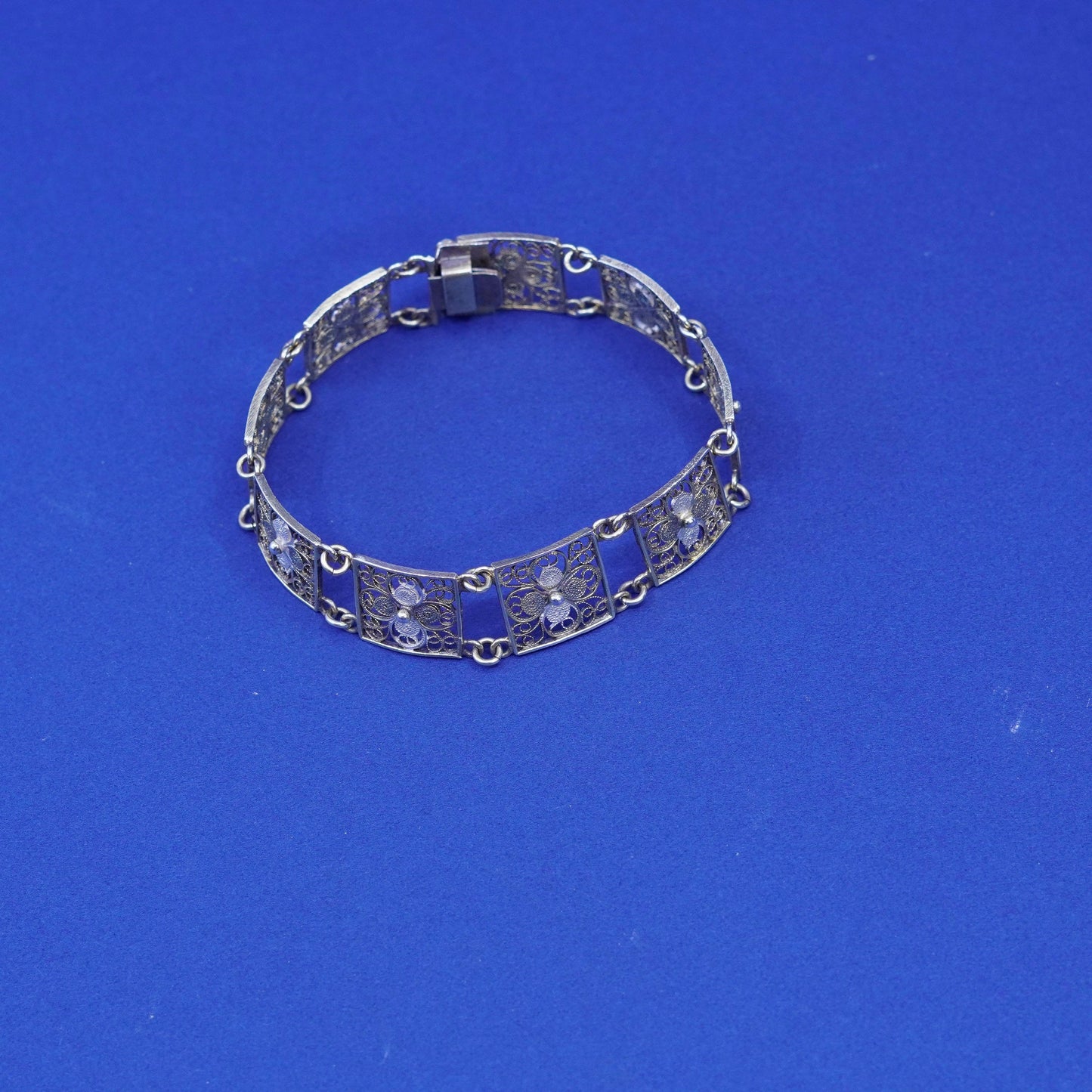 6.75”, vintage sterling silver handmade bracelet, 800 filigree flower bracelet