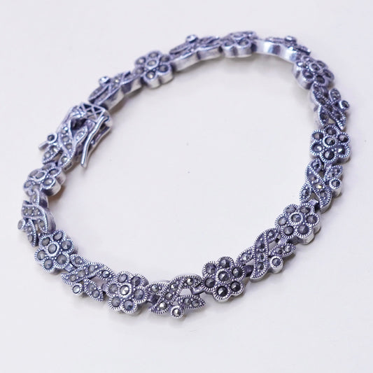 7”, vintage Sterling 925 Silver Handmade tennis Bracelet with marcasite flowers