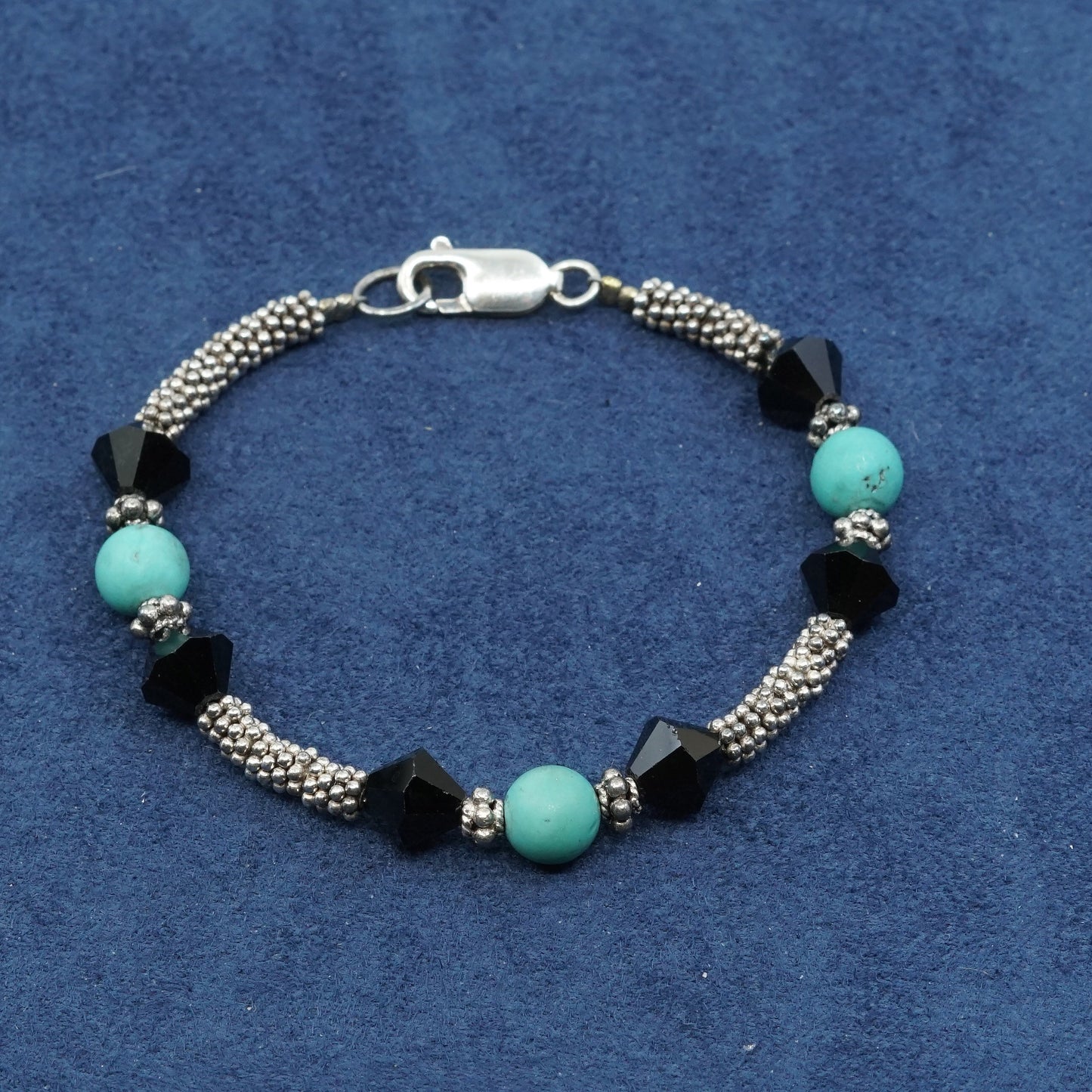 6.25”, vtg sterling 925 silver handmade bracelet w/ turquoise N obsidian