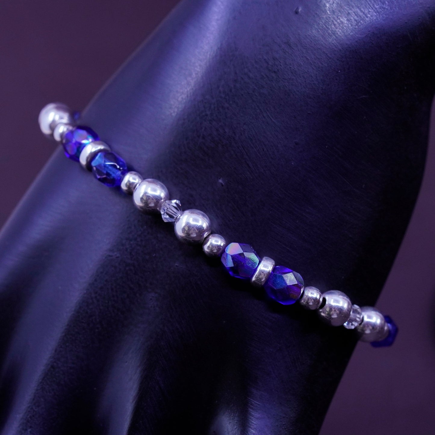 7.25”, vintage Sterling 925 silver beads bracelet with blue crystal