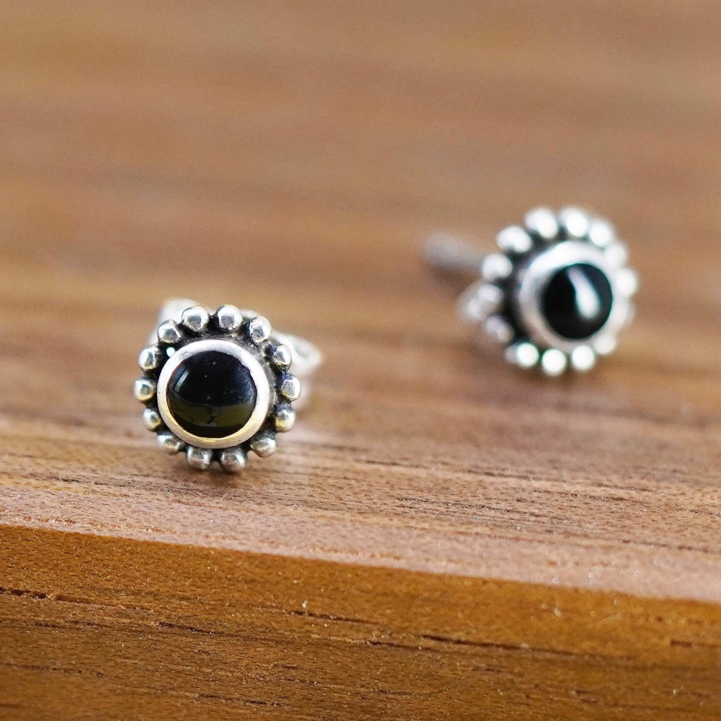 Vintage Sterling 925 silver handmade studs, earrings with obsidian