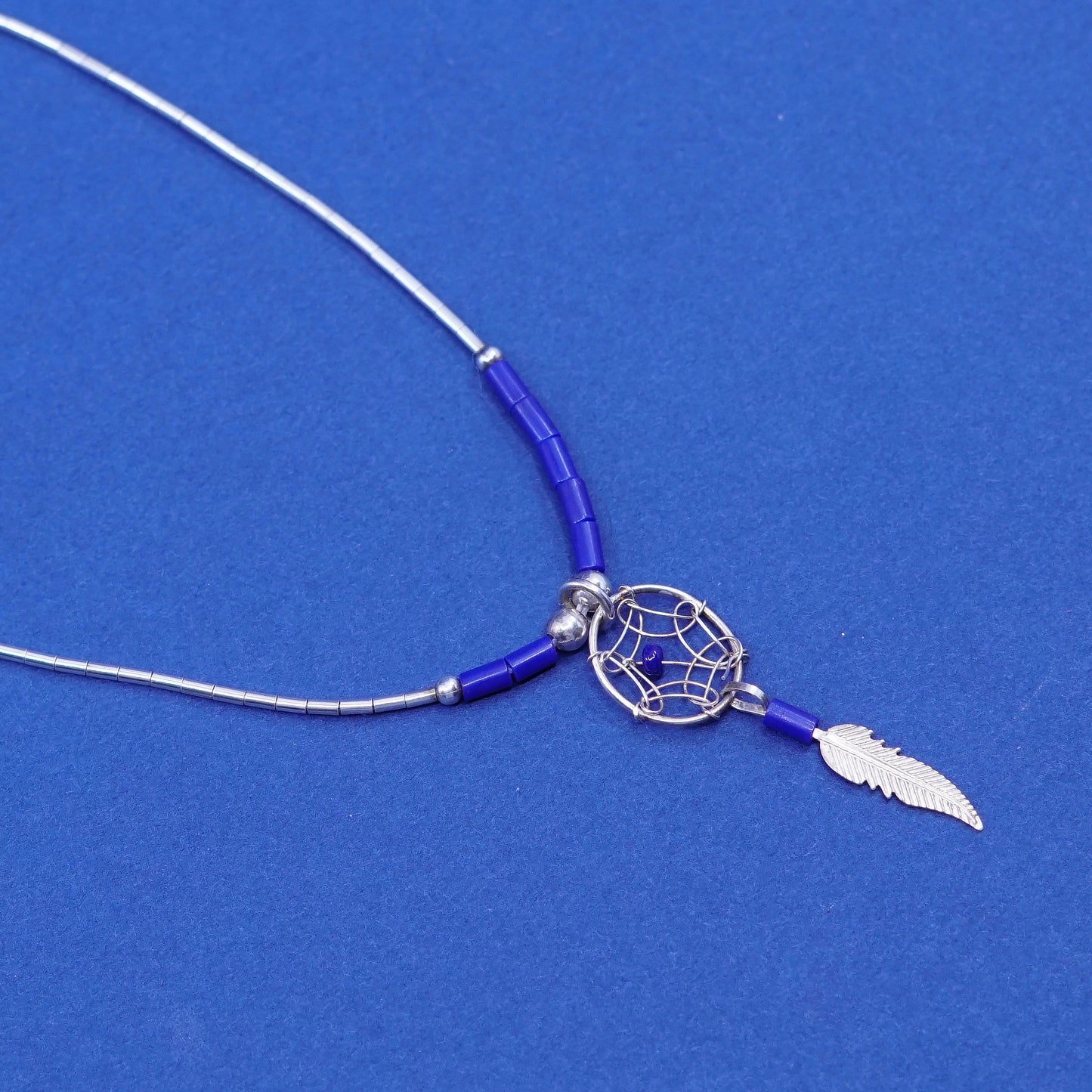 16”, Native Navajo Sterling 925 liquid silver chain lapis bead feather pendant