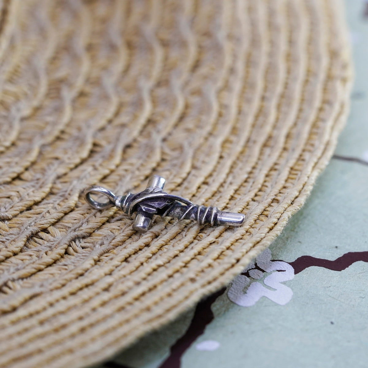 Vintage Sterling silver handmade pendant, 925 wired cross with leaf