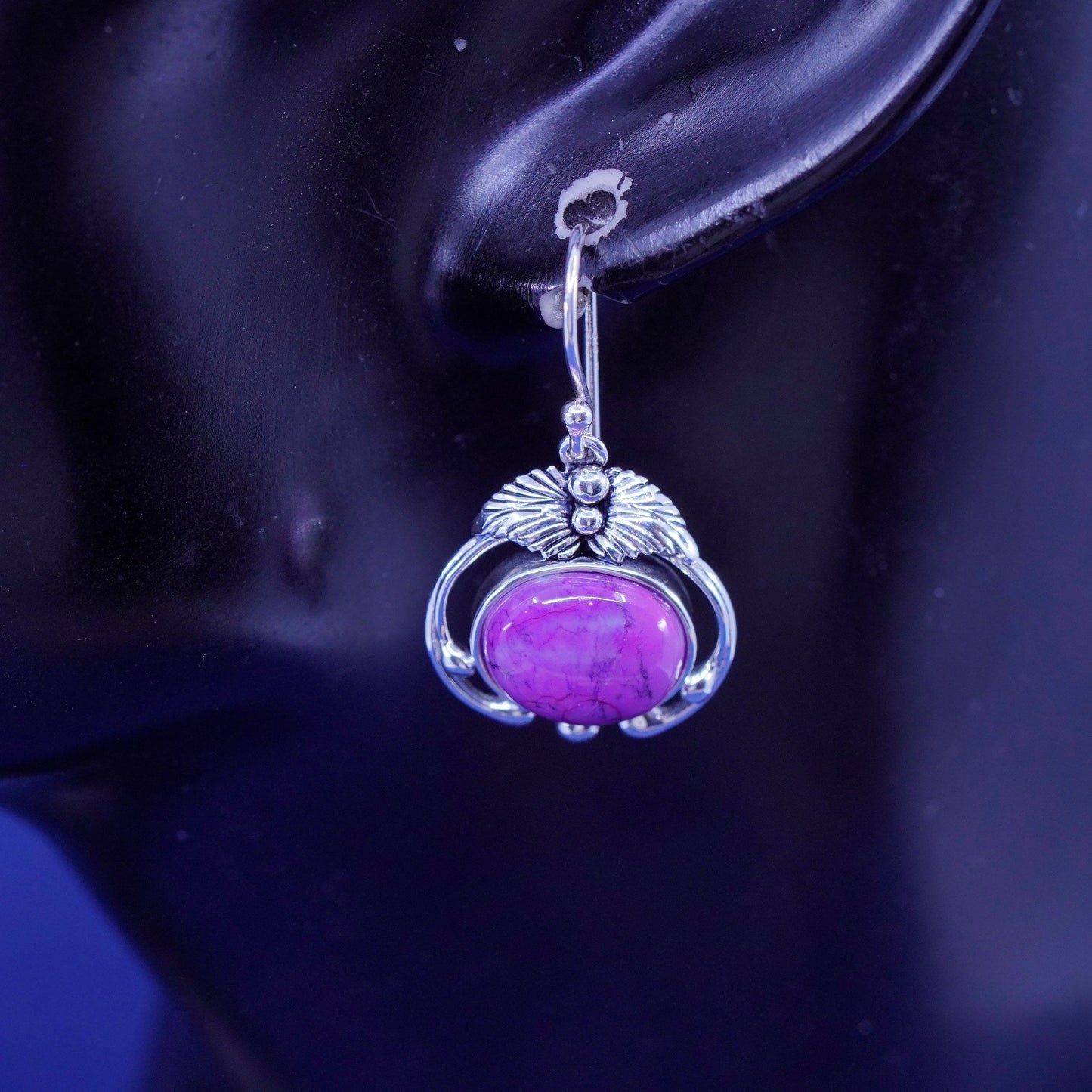 Vintage BBJ Sterling 925 silver handmade earrings with purple turquoise leaves