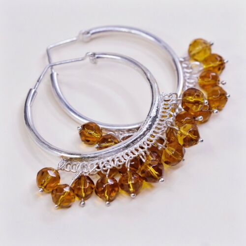 1.5”, Vtg handmade Sterling 925 Silver earrings, Hoops W/ Cluster Amber Dangles