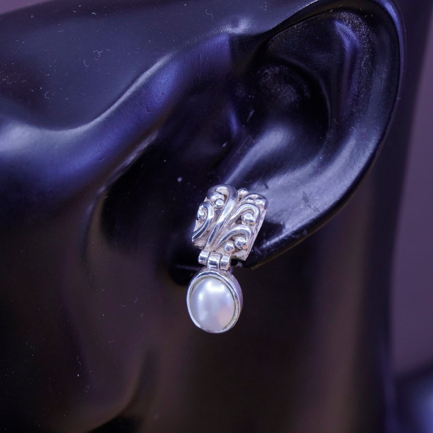 Sterling silver earrings, 925 studs with freshwater pearl drop and filigree