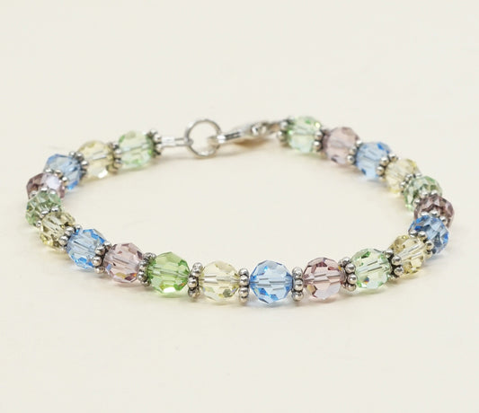 6.5", VTG Sterling silver handmade bracelet, 925 beads W colorful crystal beads