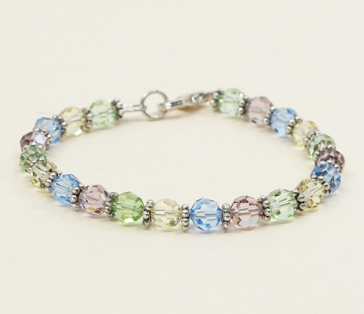 6.5", VTG Sterling silver handmade bracelet, 925 beads W colorful crystal beads