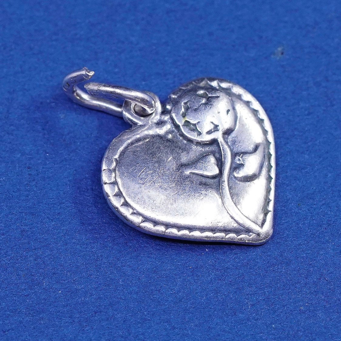 vtg sterling silver handmade pendant, 925 textured heart tag charm, stamped 925