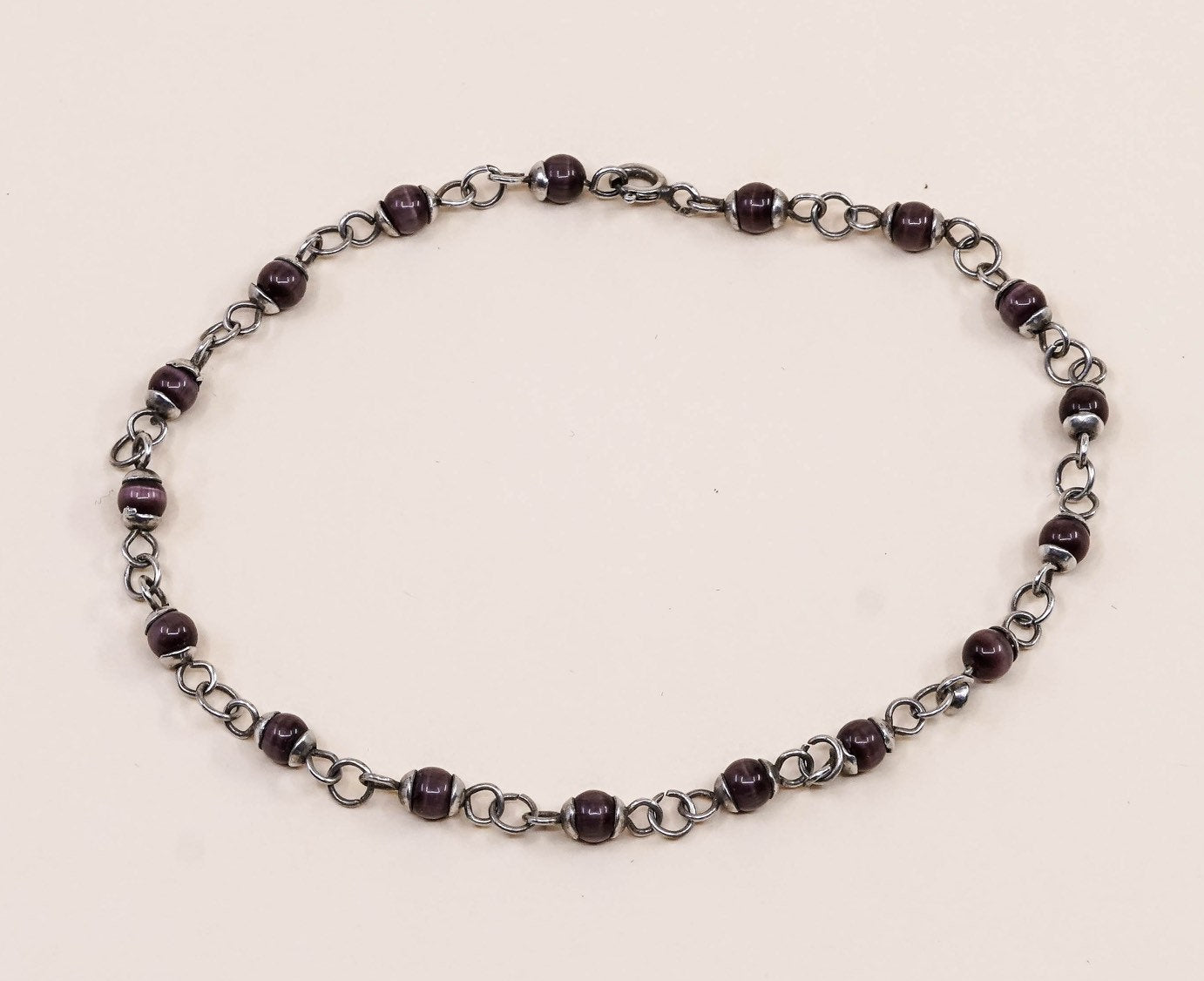 8.75”, VTG Handmade Sterling 925 silver bracelet, purple tiger eye beads