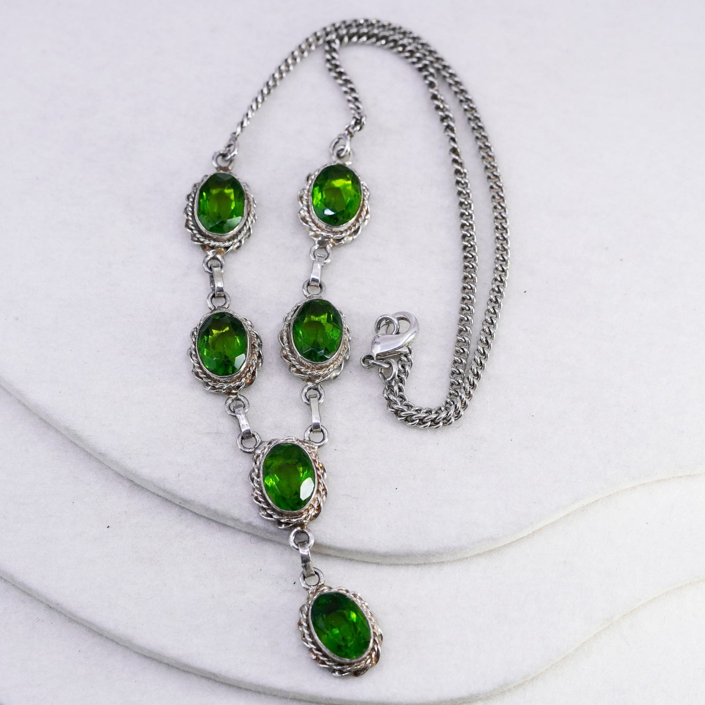 20” 3mm, vintage Sterling 925 silver handmade curb chain necklace with peridot