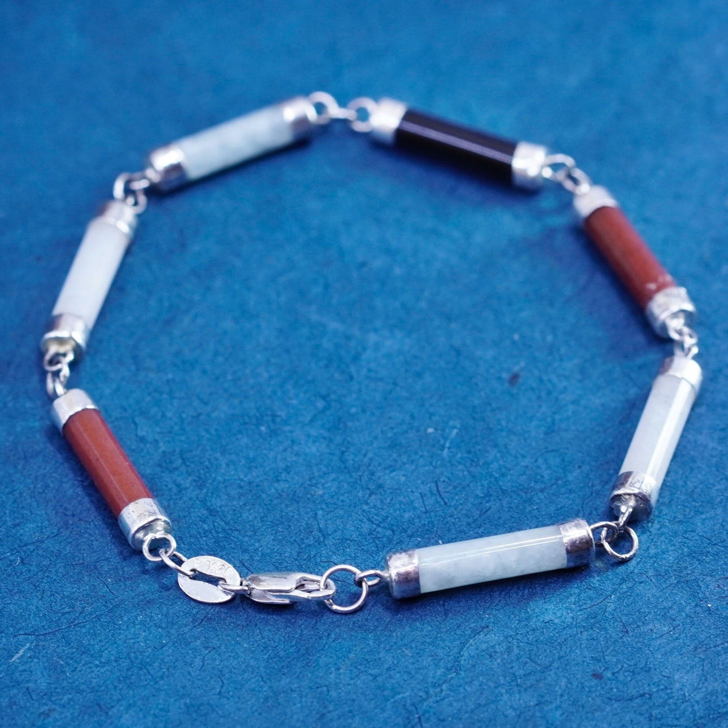 7”, vintage sterling 925 silver handmade bracelet jade, carnelian obsidian tube