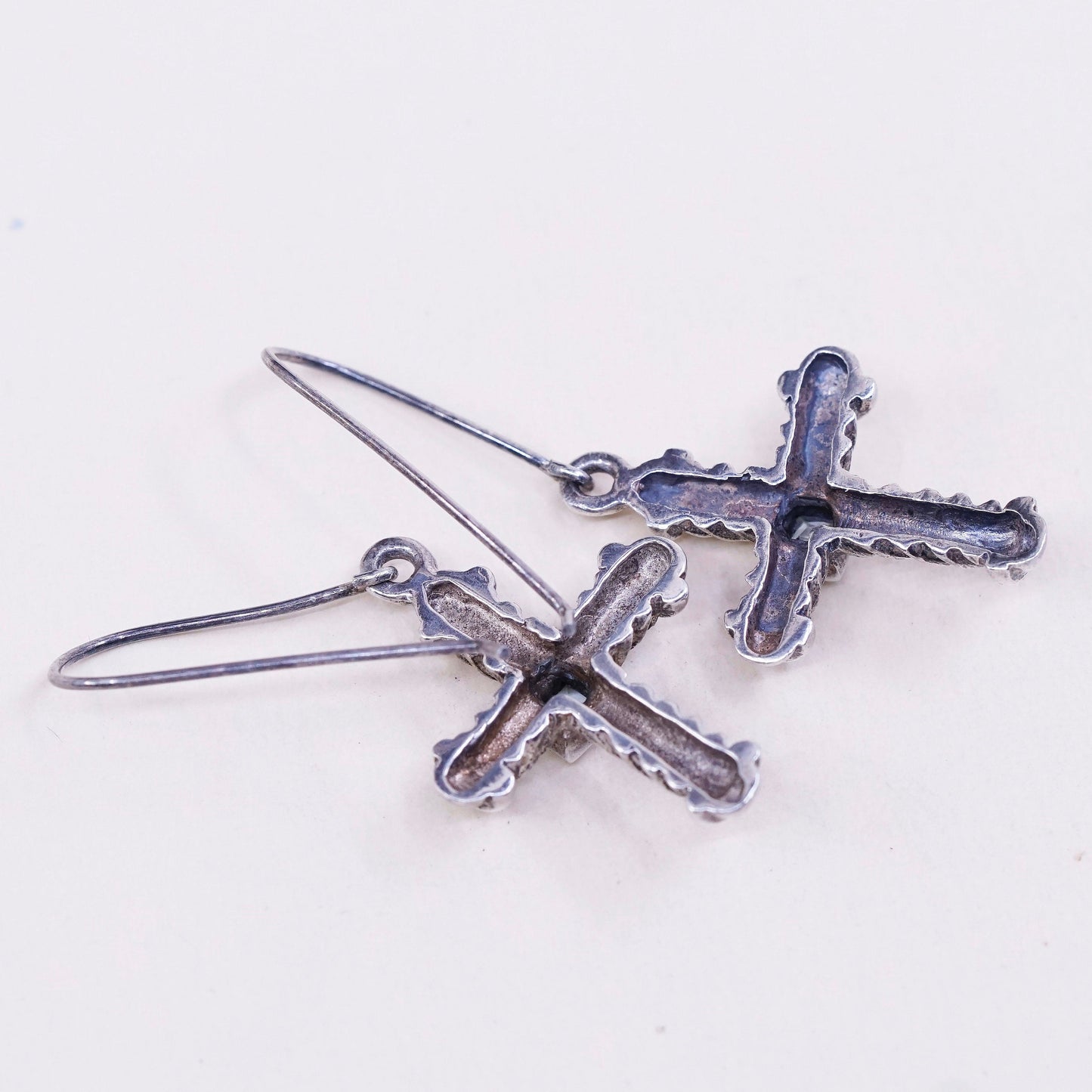 vtg Sterling silver handmade earrings, 925 silver twisted cross with topaz