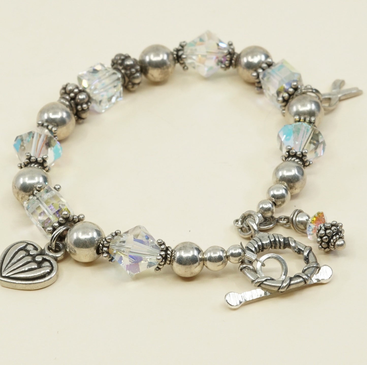 7", VTG Sterling silver handmade bracelet, 925 beads w/ crystal beads N heart