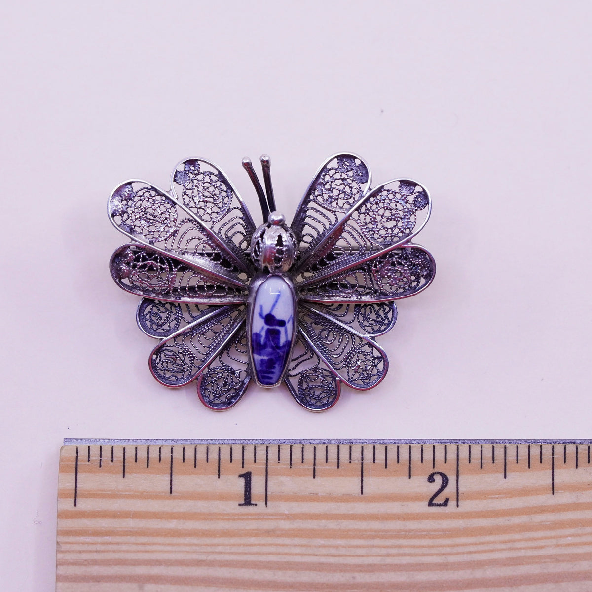 Holland Delft Windmill .925 Sterling Silver filigree Bezel butterfly Pin Brooch