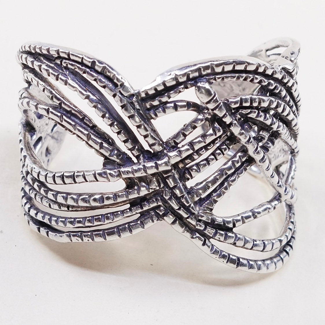 6”, vtg unique Sterling silver handmade cuff, mexico wide wired wave bracelet