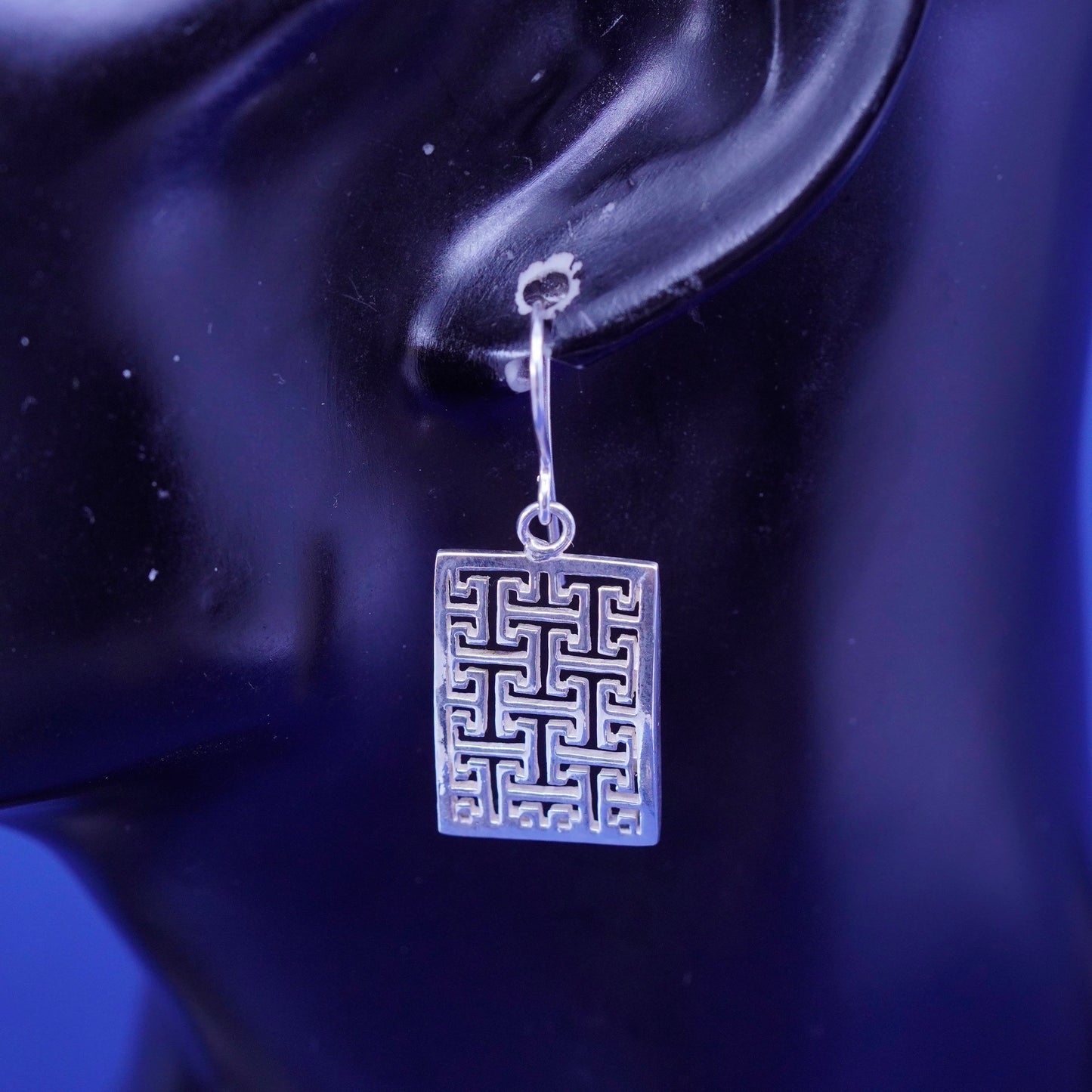 Vintage sterling silver handmade earrings, 925 filigree rectangular dangles