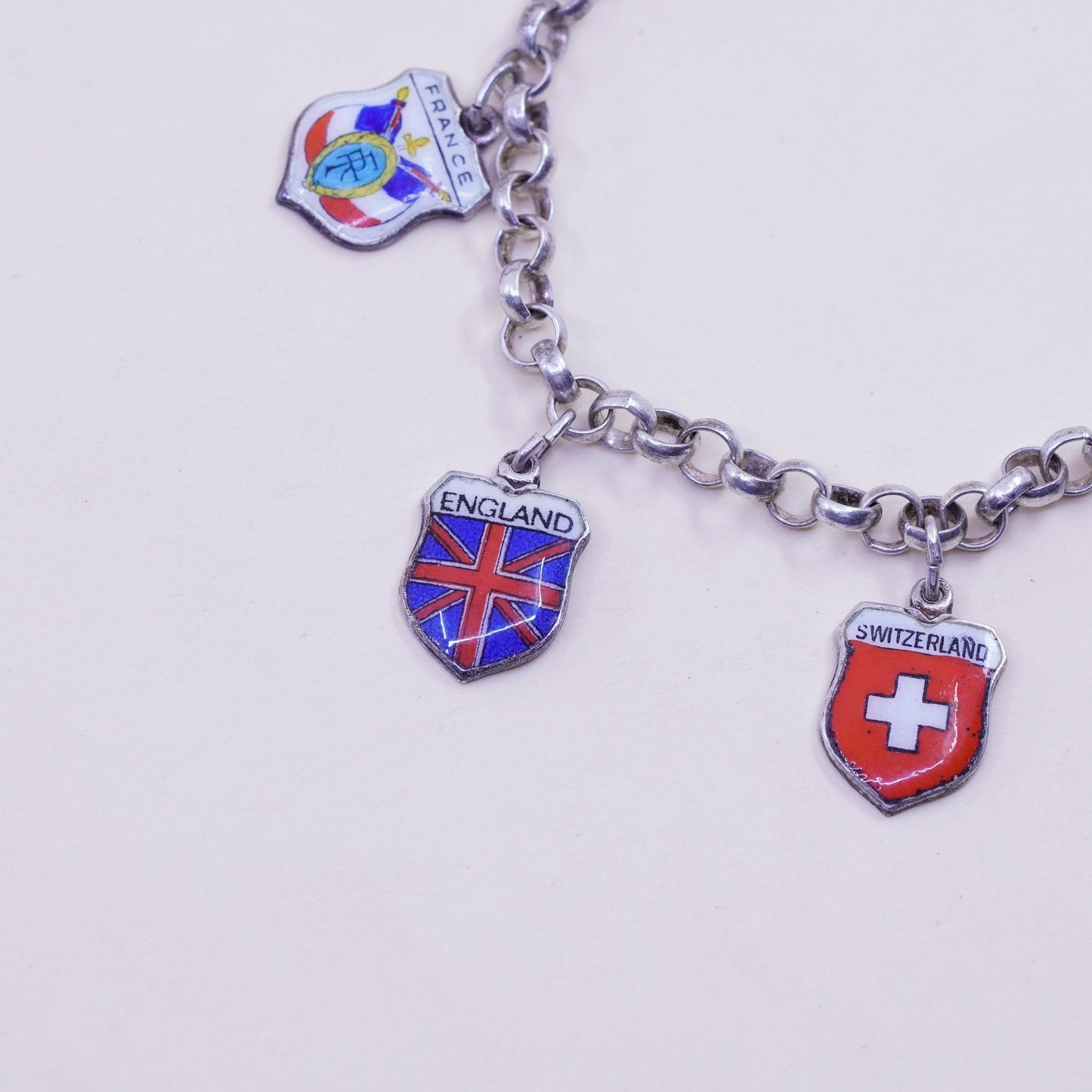 6.75”, sterling 925 silver circle chain bracelet world traveler 835 danish flag