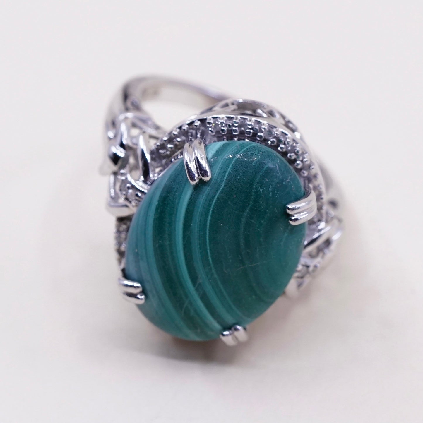 Size 9.25, sterling 925 silver handmade ring with malachite and cluster diamond