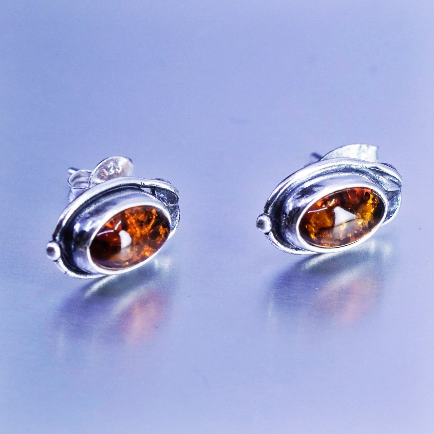 Vintage Sterling 925 silver handmade earrings, oval amber studs