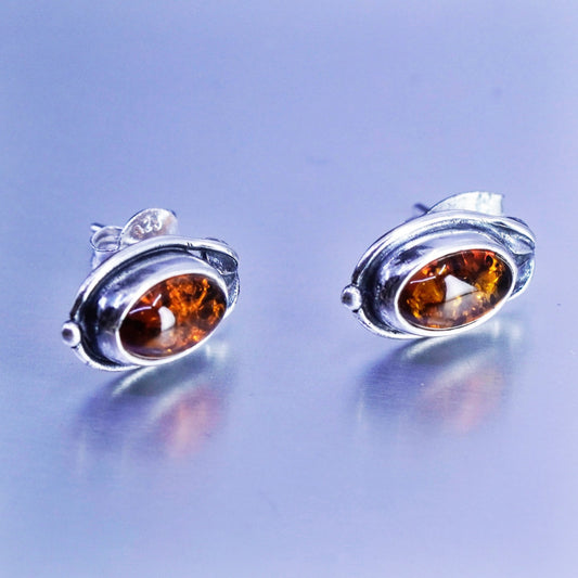 Vintage Sterling 925 silver handmade earrings, oval amber studs