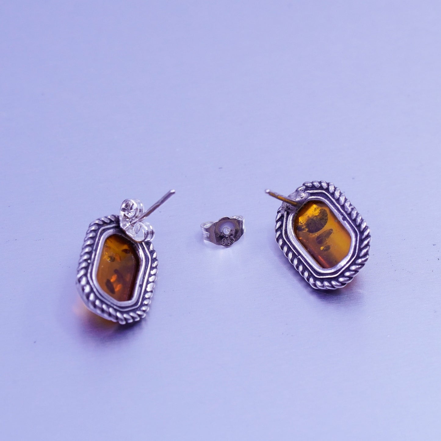 Vintage Sterling 925 silver earrings, studs with Amber and cable around