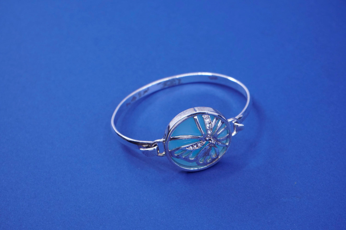 7”, Sterling silver handmade bracelet, 925 hinged bangle w/ butterfly and jade