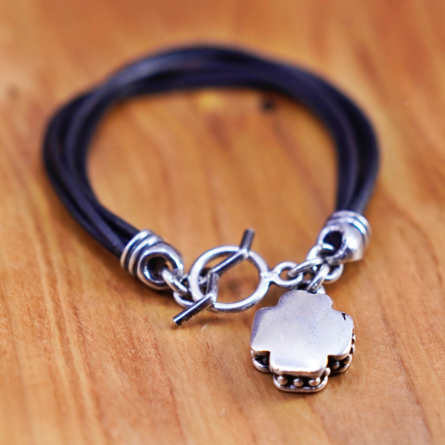 6.75”, Sterling 925 silver bracelet, multi strands leather chain cross charm
