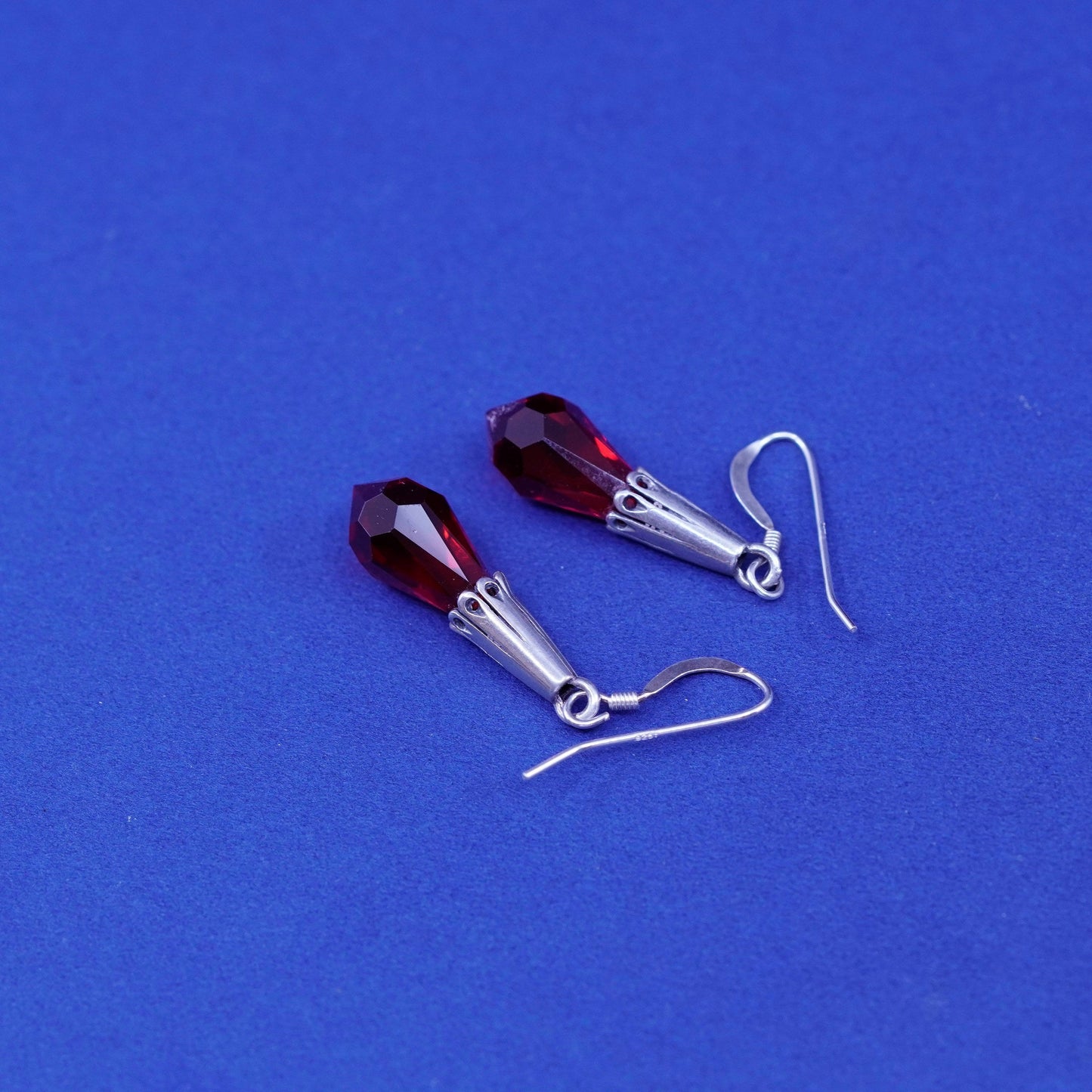 Vintage Sterling 925 silver handmade earrings with teardrop ruby