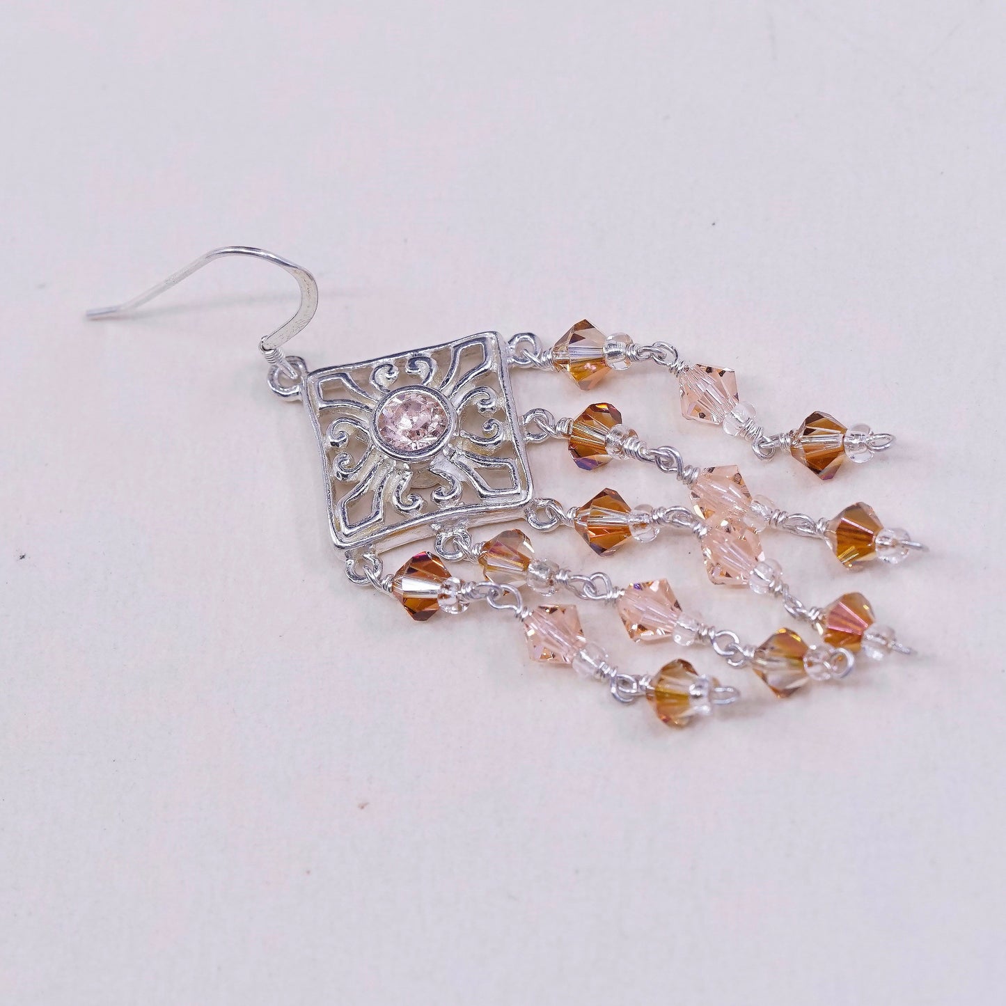 sterling 925 silver handmade earrings w/ orange cluster crystal fringe dangles