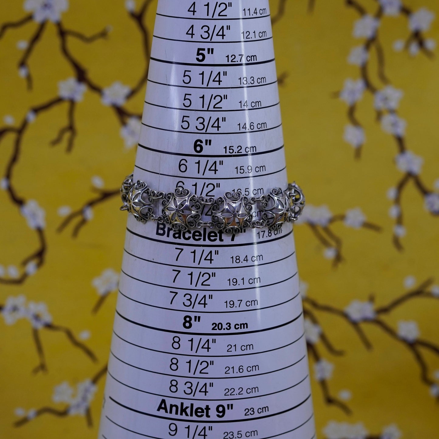 6.75”, vtg Beau Sterling silver handmade bracelet, 925 filigree floral chain