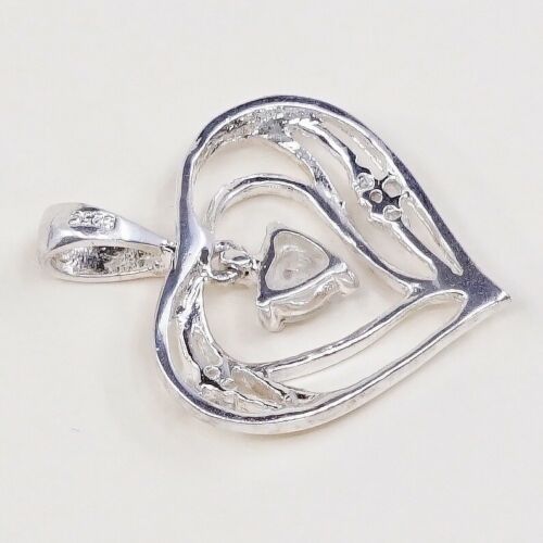 Vintage Sterling Silver Heart Pendant W/ Cz Dangle, Solid 925 Silver Charm