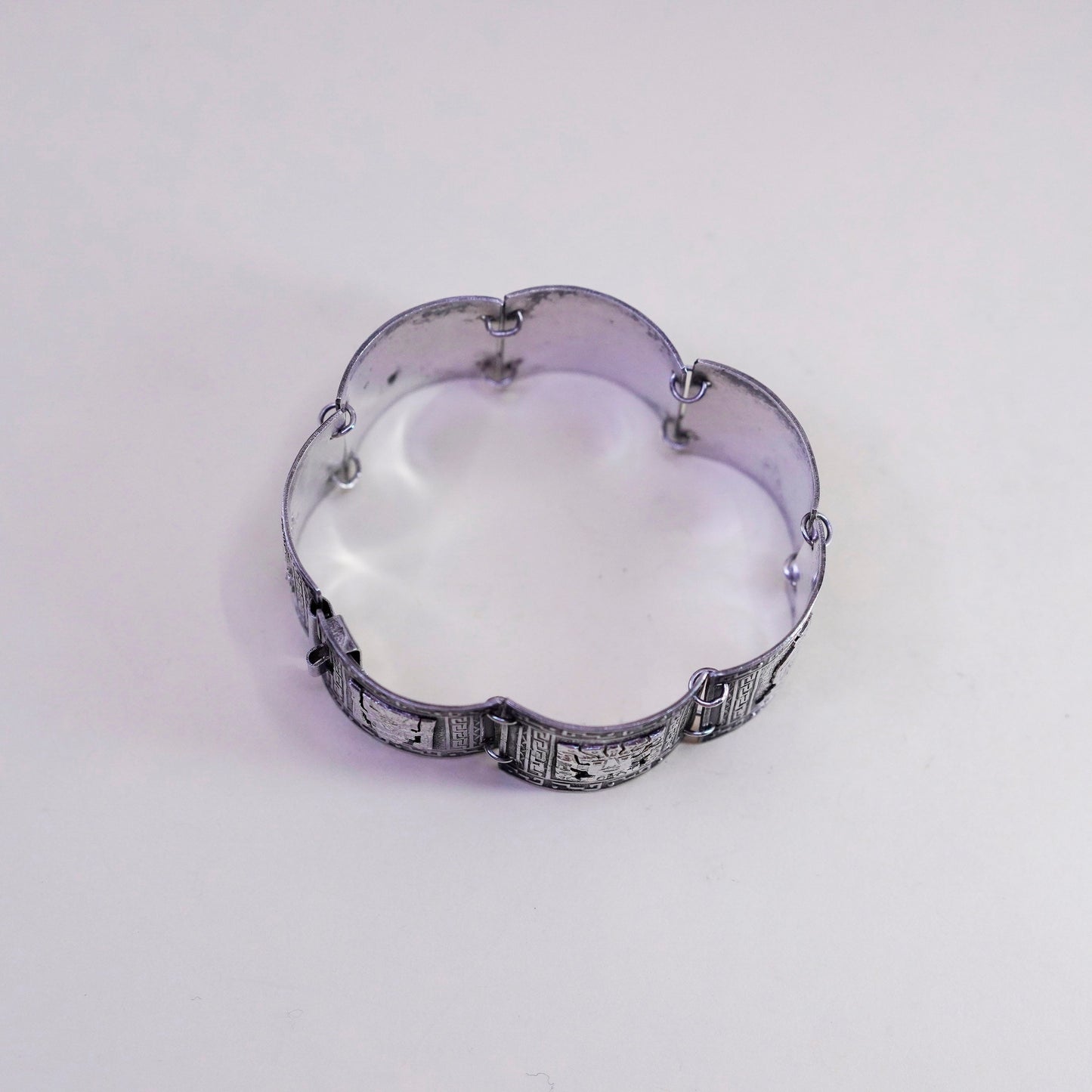 6”, vintage Signed JFG Peru 925 Sterling Silver Wide Bracelet, Aztec Mayan