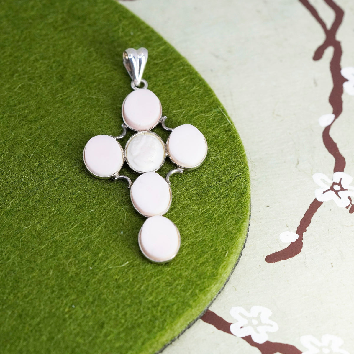 Italy sterling 925 silver handmade cross pendant w/ pink cameo mother of pearl