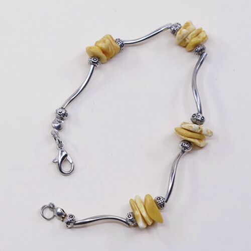 7.25”, Vtg Sterling 925 Silver Handmade Wavy Bar Bracelet W/ Amber Bead