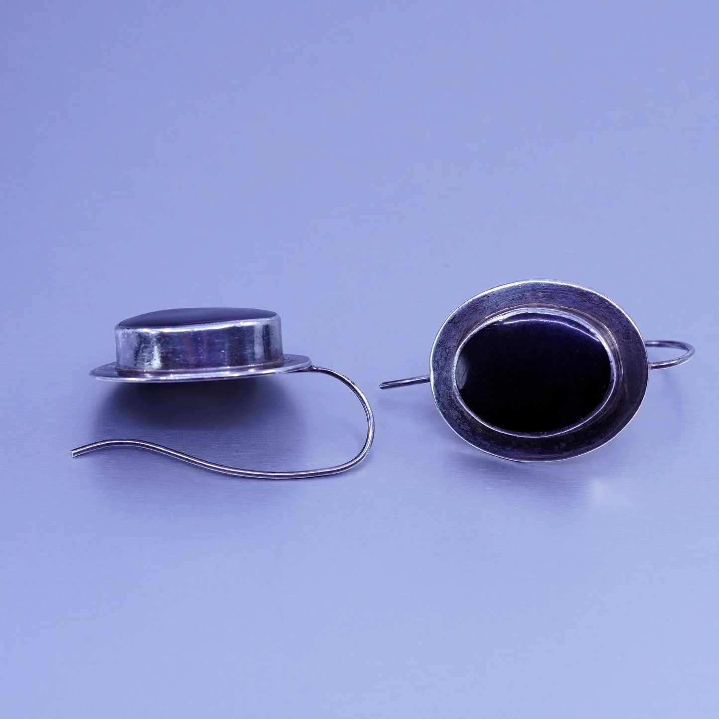 Vintage Sterling 925 silver handmade earrings with oval obsidian