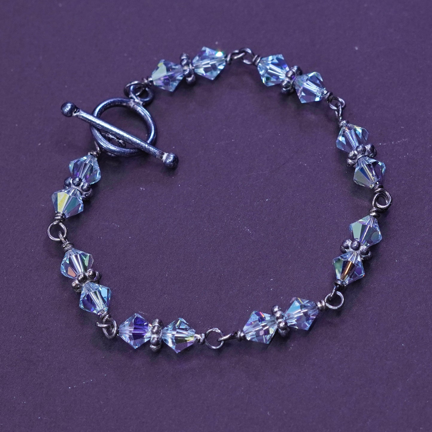 6.75”, vintage Sterling silver handmade bracelet, 925 chain with crystal beads
