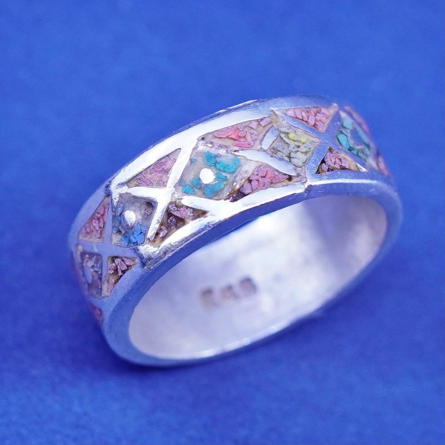 Size 6.5, zuni sterling silver ring, 925 band turquoise coral, Native American