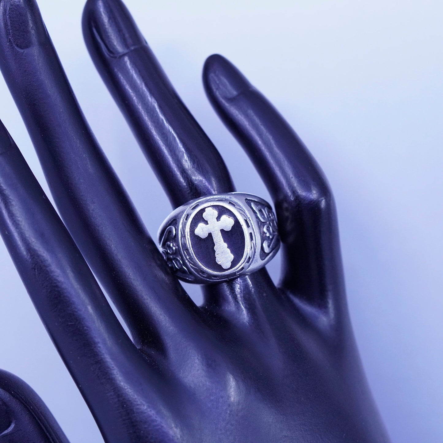 Size 12, vintage statement Sterling 925 silver ring, cross band black enamel