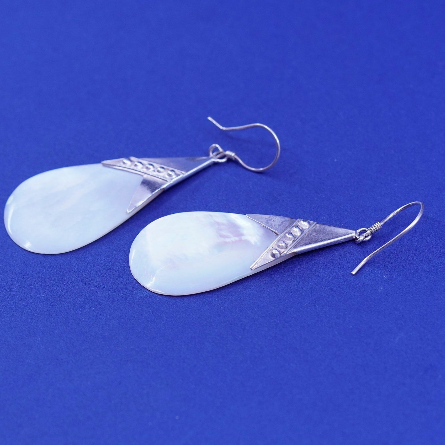 2.25”, Vintage sterling 925 silver handmade teardrop earrings mother of pearl