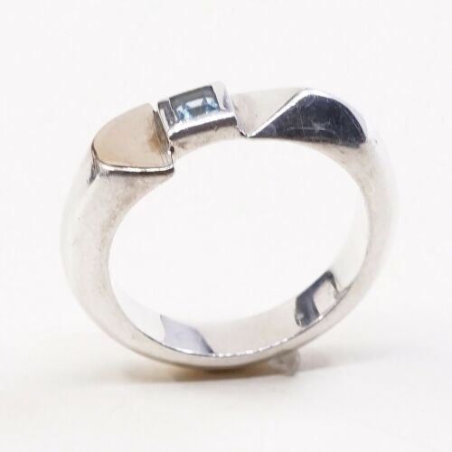 Sz 7.5, Vtg ECL Modern Sterling Silver Cocktail Ring, 925 W/ Blue topaz