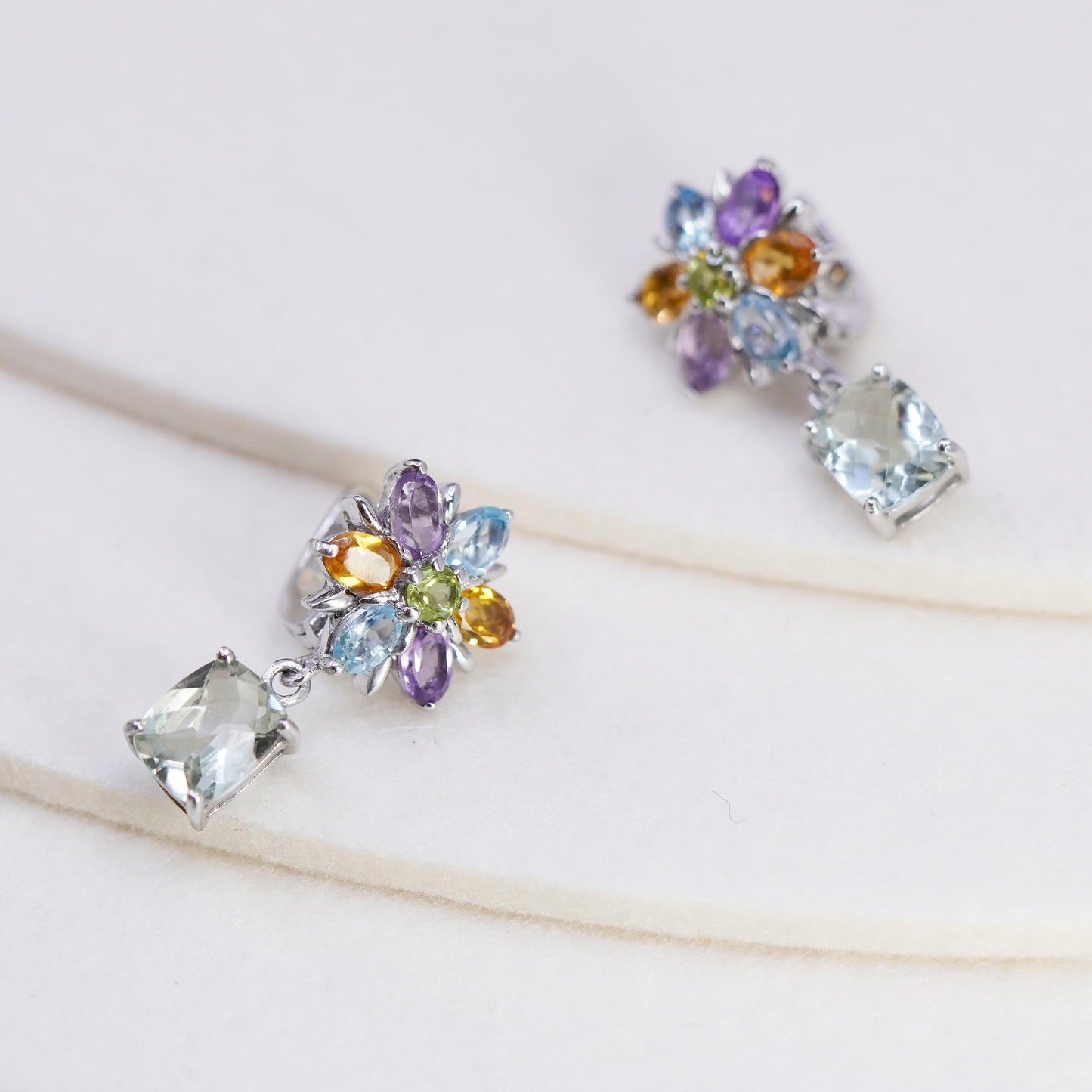 Vintage Sterling 925 silver handmade flower earrings citrine amethyst peridot