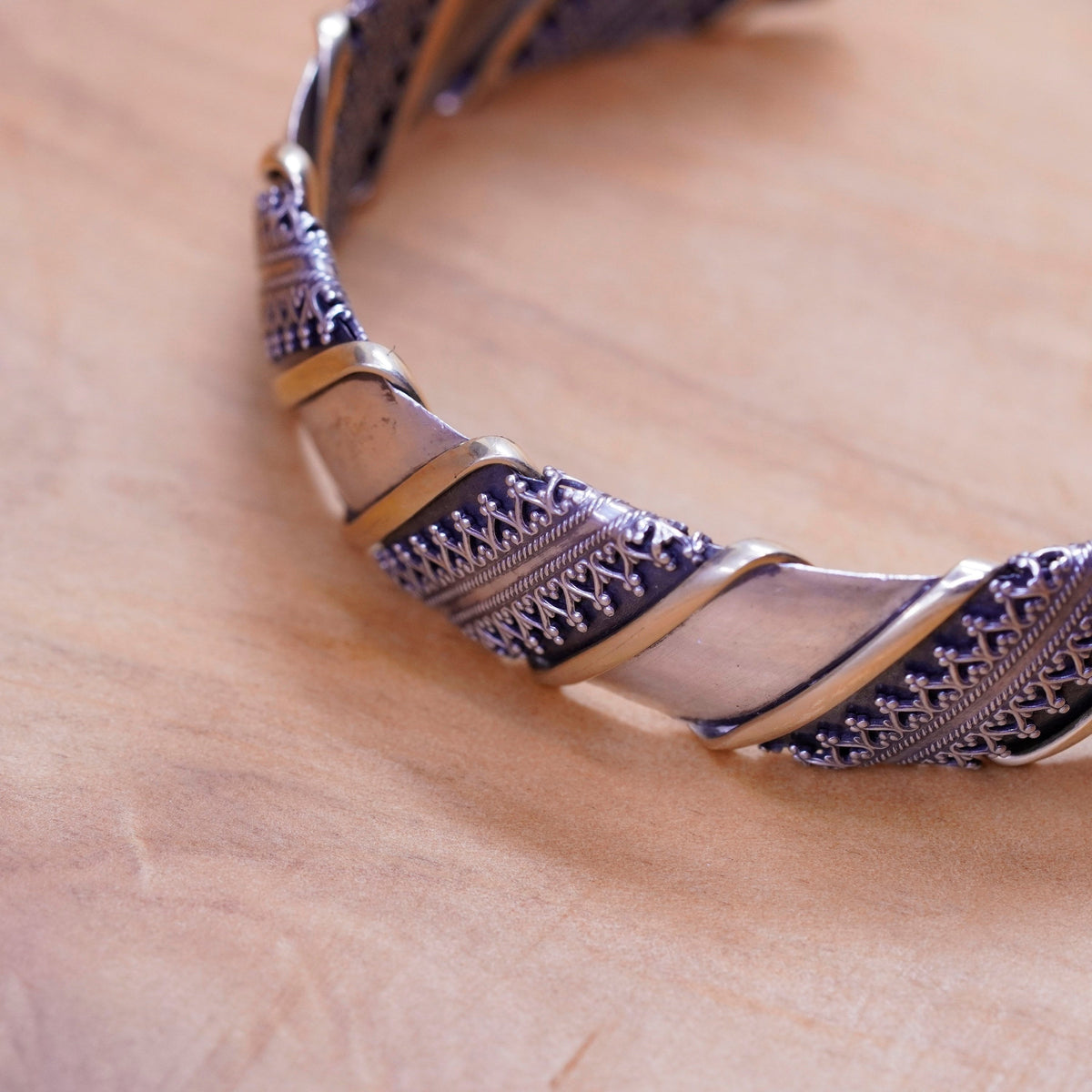 6.5”, mexico two tone Sterling silver handmade bracelet, 925 cuff brass trim