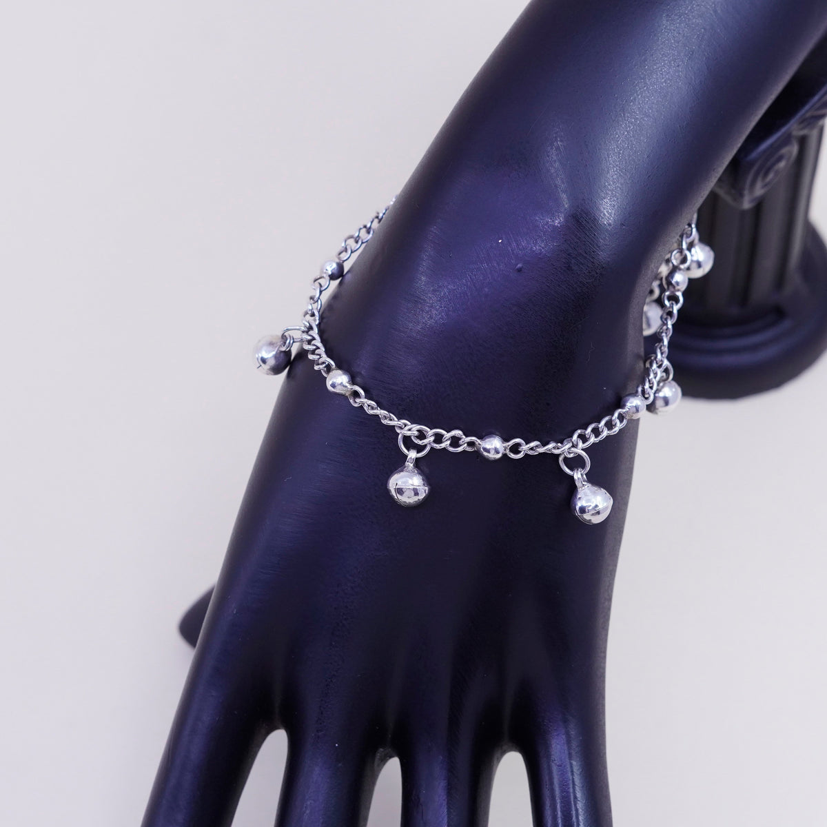9”, Sterling Silver Bracelet, 925 belly dancer chain anklet chime bell charms