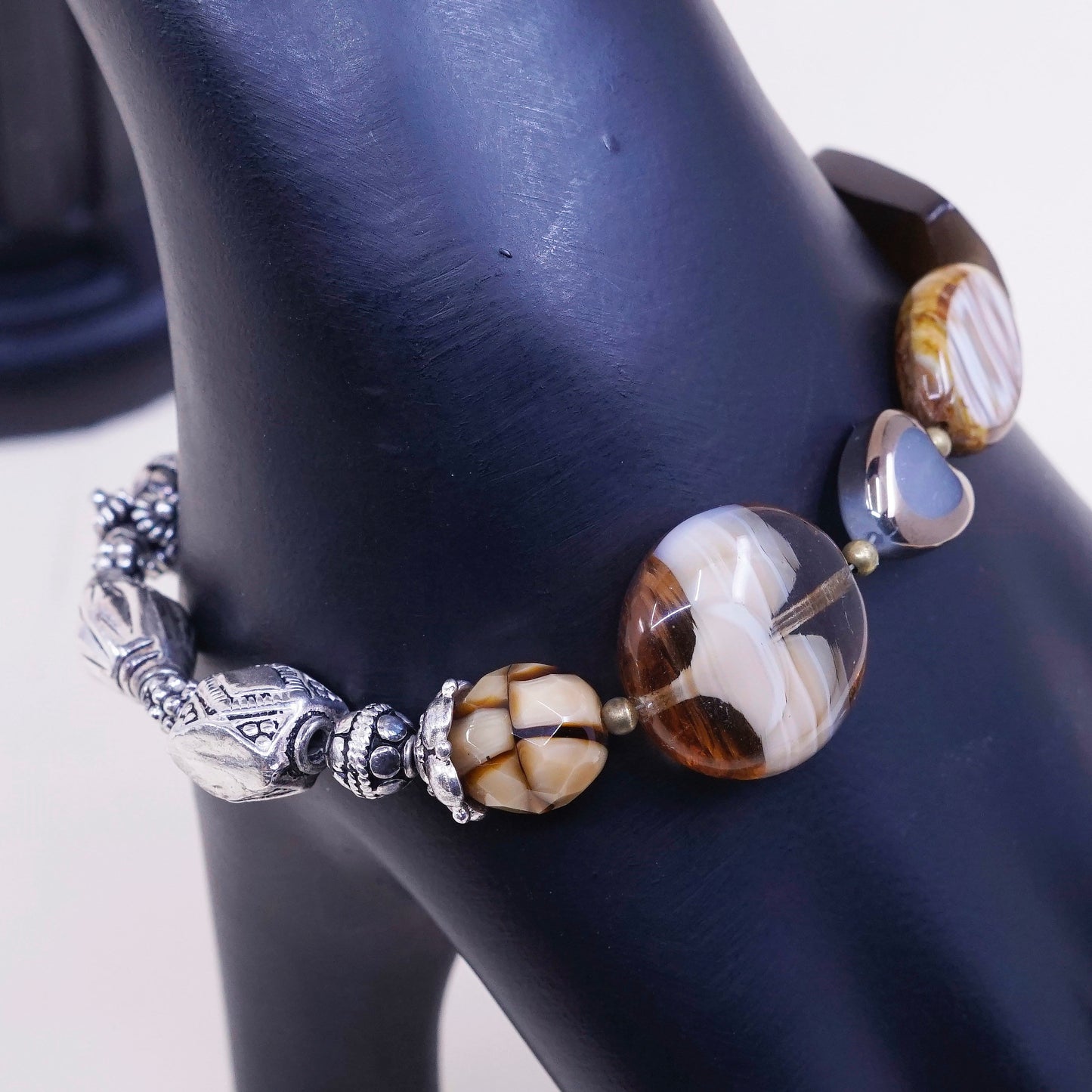 6.75”, 925 Sterling silver bar N beads bracelet with colorful artisan glass