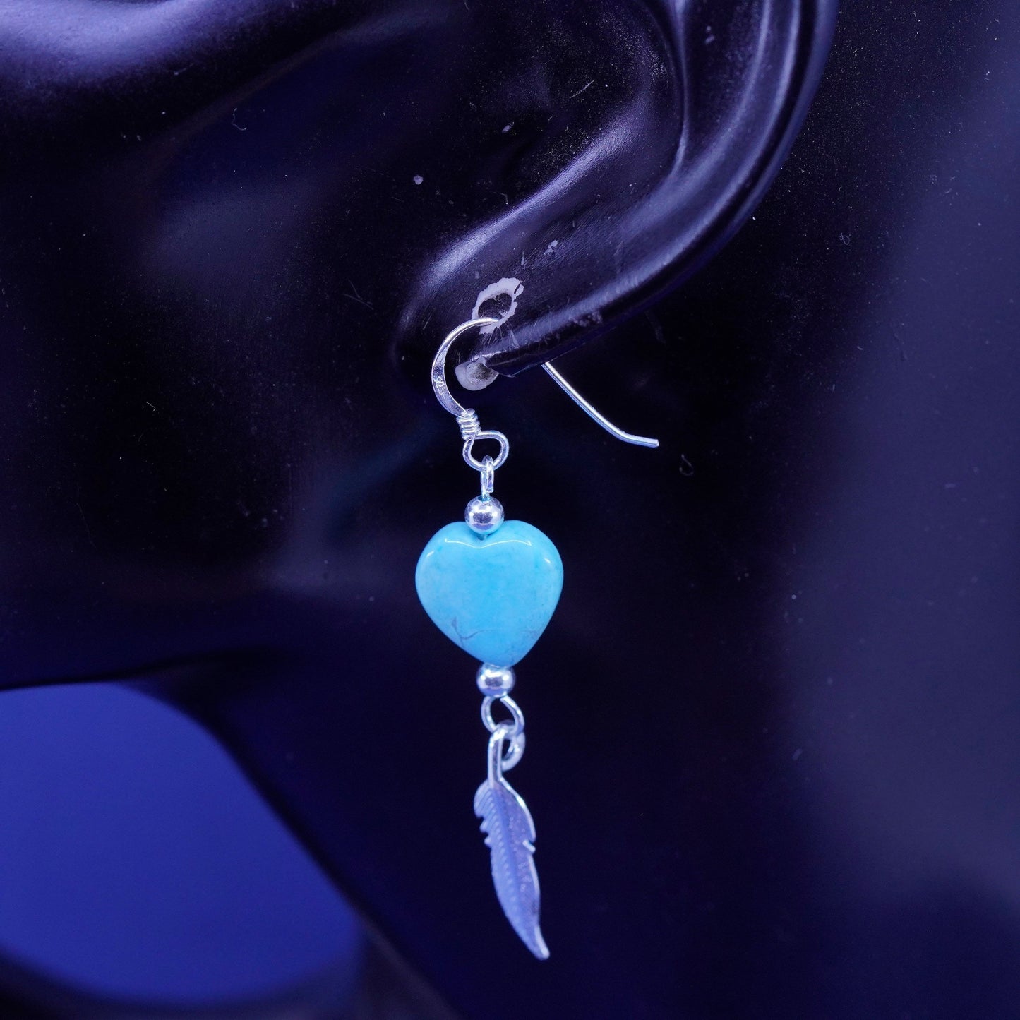 southwestern sterling 925 silver heart turquoise earrings with feather dangled