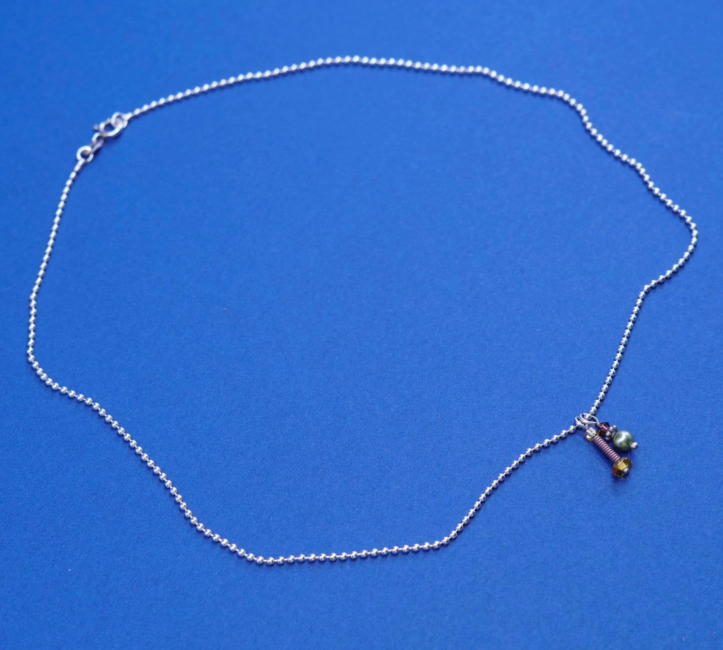 16”, 1mm, vtg Sterling silver handmade necklace, 925 bead chain w/ pearl charm