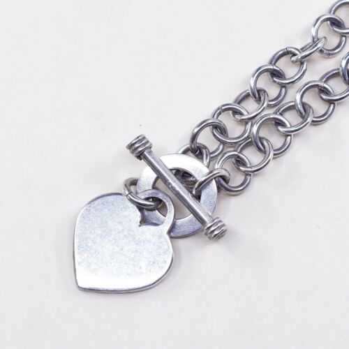 18” 8mm, Vtg 925 Sterling Silver Handmade Bold Circle chain Heart Charm necklace